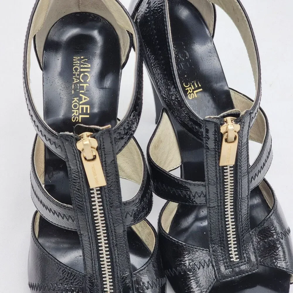 Michael Kors Zipper Patent Leather Strappy Peep Toe Heels Black Gold Size 8.5